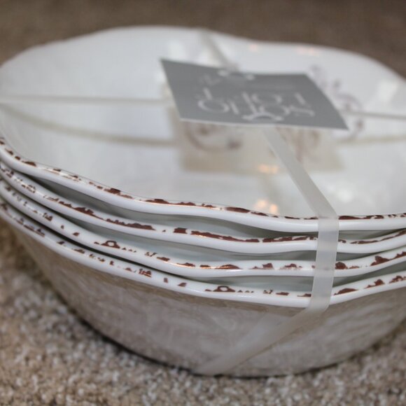 Soho Loft Melamine Bowls Cereal Soup White Brown Rustic Flower Set of 4 NWT - Picture 5 of 6
